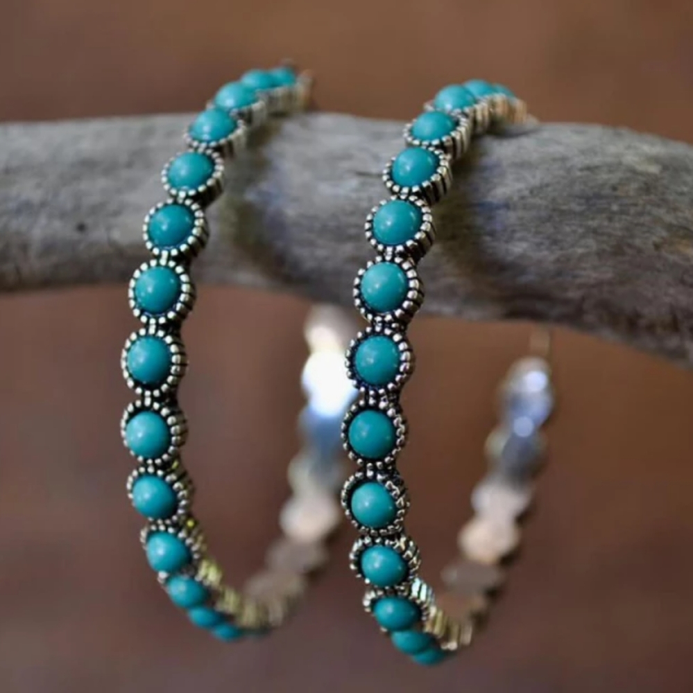 Boho Style Simulated Turquoise Large Hoop Earrings